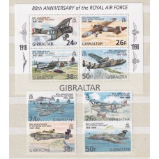 GIBRALTAR 1998 AVIONES MILITARES SERIE COMPLETA DE ESTAMPILLAS NUEVAS MINT + HOJA BLOQUE